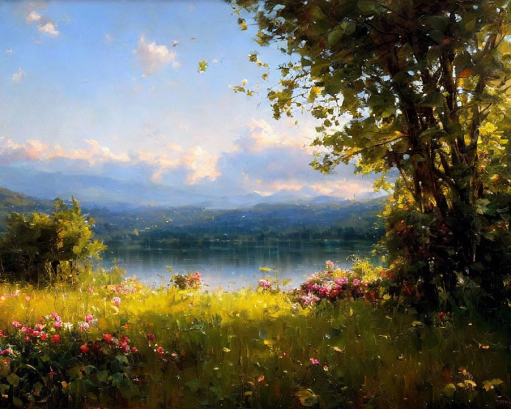 Tranquil lake landscape with lush greenery and vibrant flowers