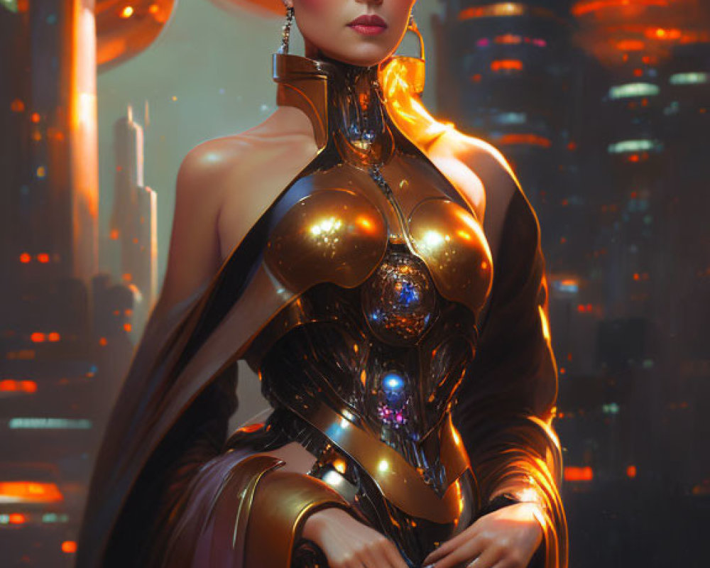 Futuristic woman in golden armor with illuminated cityscape background