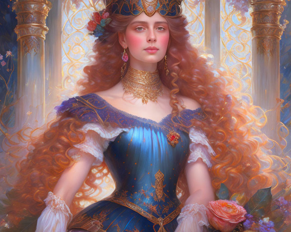 Regal woman with auburn hair in blue and purple gown among golden pillars