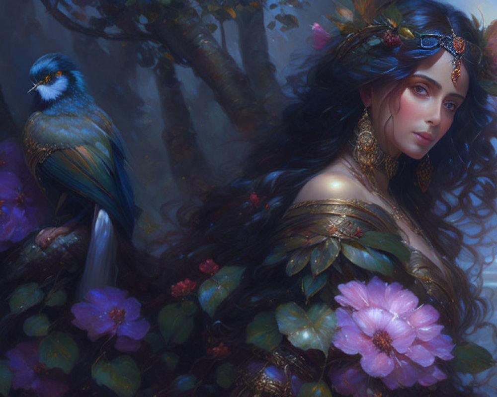 Mystical woman with floral and feathered adornments in ethereal forest scene
