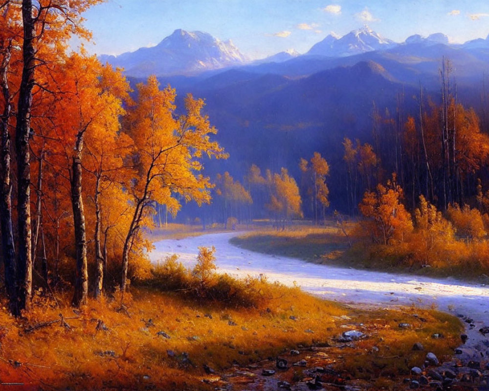 Vibrant Orange Trees by Winding River in Autumn