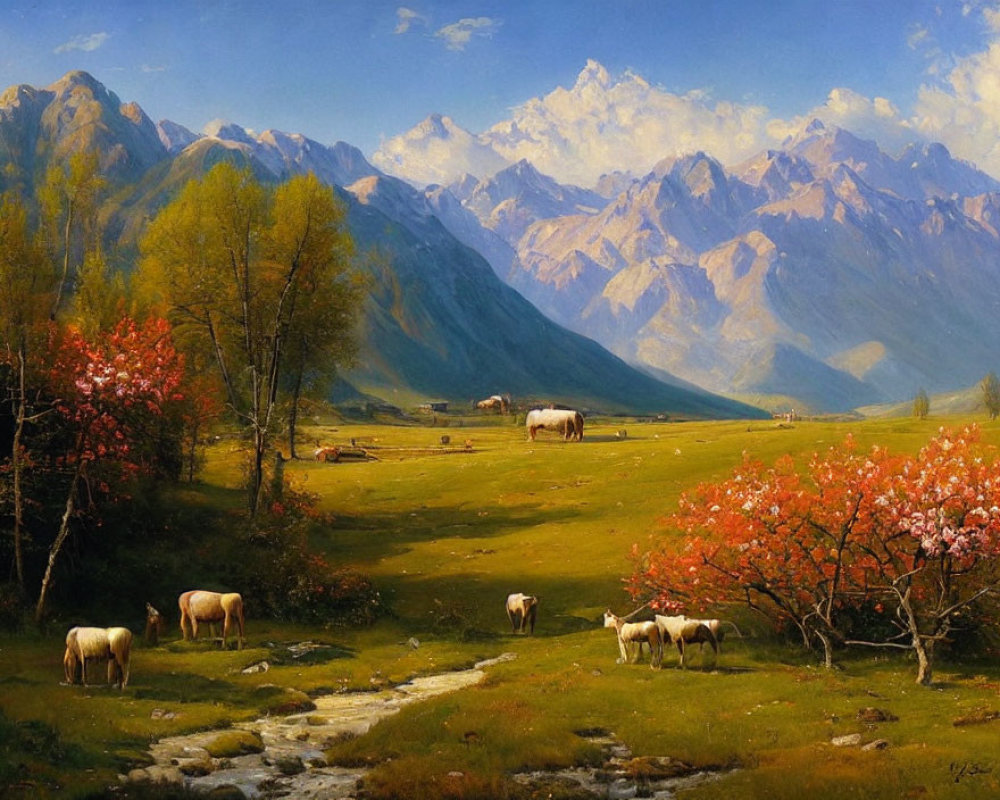 Autumn pastoral landscape with horses, stream, and mountains