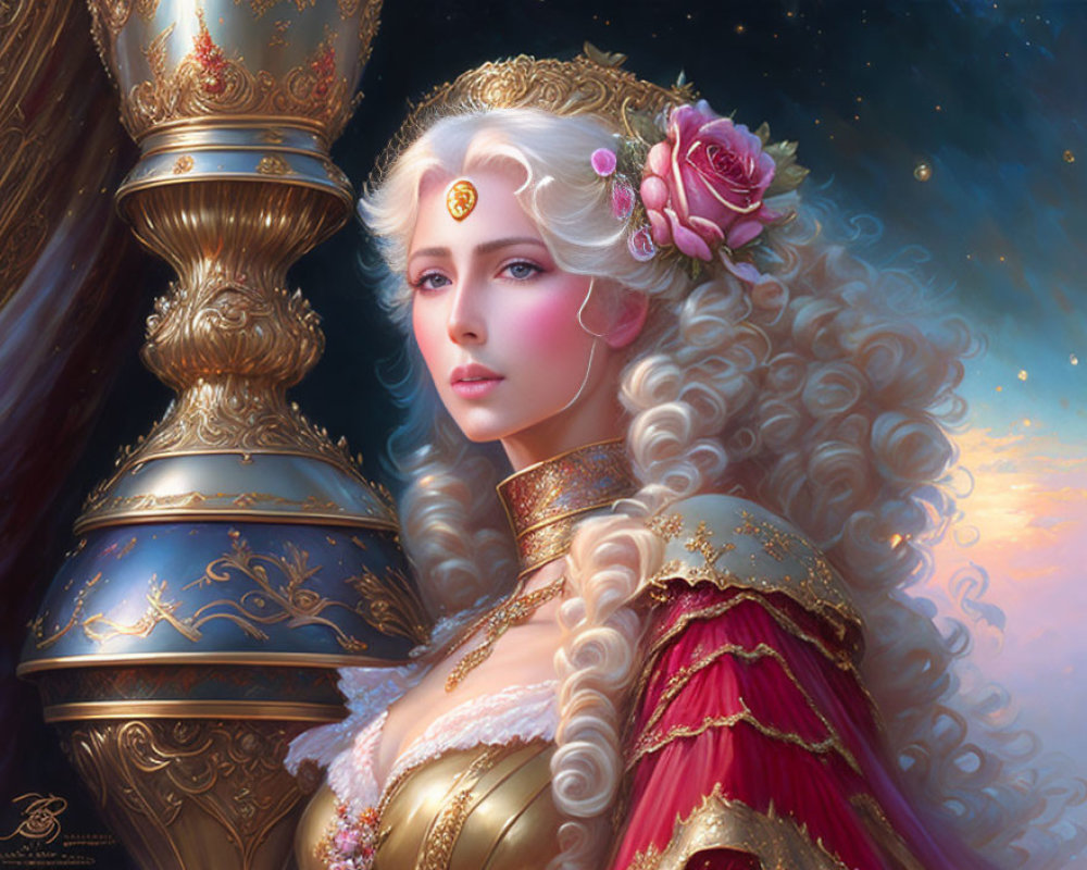 Blonde noblewoman with crown and roses in ornate gown on starry background