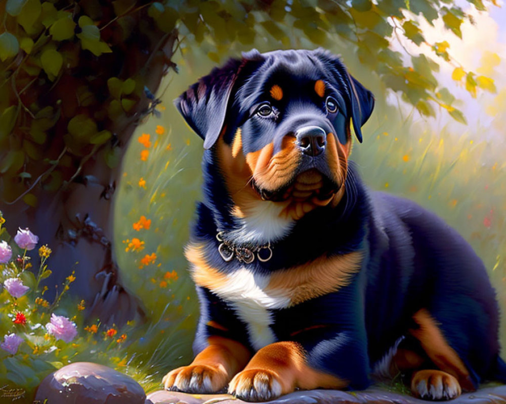 Rottweiler puppy in colorful floral setting under sunlight