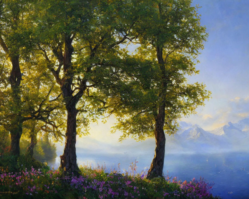 Tranquil landscape with lush trees, sunlight, wildflowers, and misty mountains