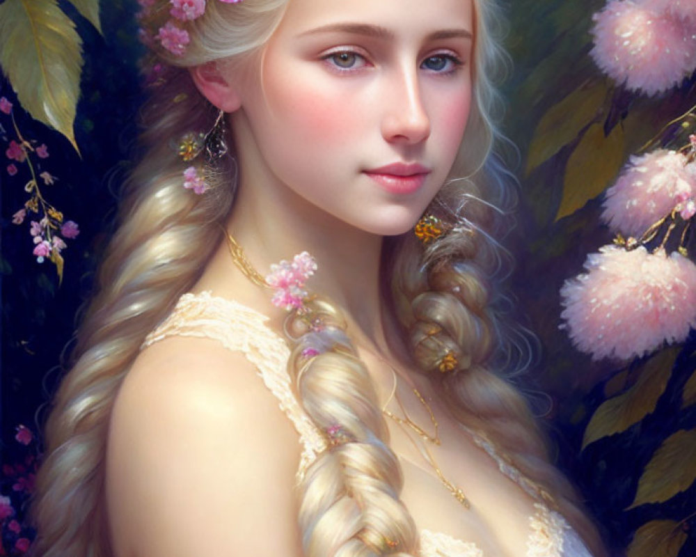 Blonde woman with braided hair and pink flowers in a floral setting