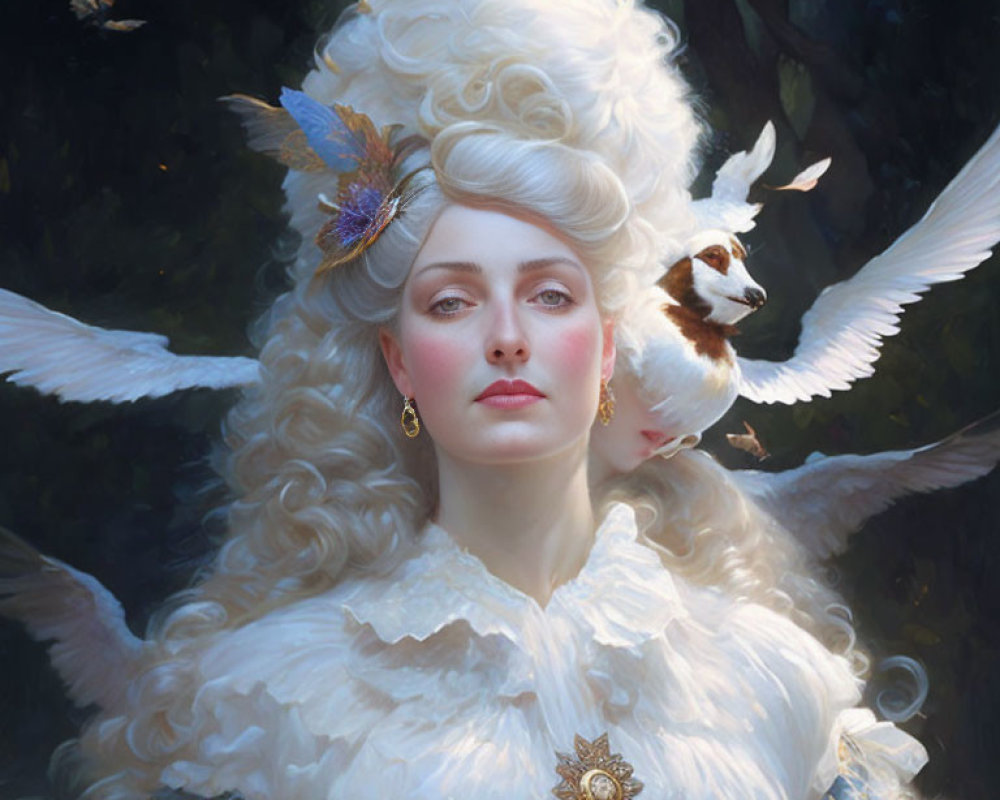 Regal woman with ornate white wig, butterfly, bird, ruffled gown, gold jewelry