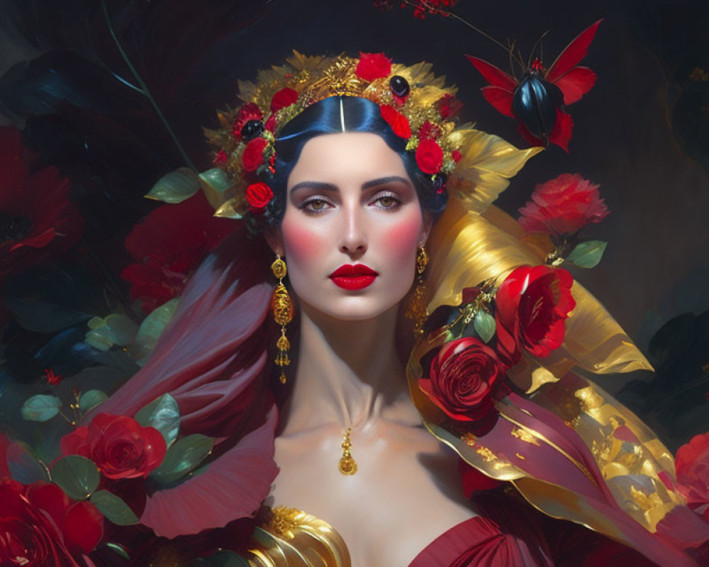 Portrait of woman with striking makeup, surrounded by red flowers and butterfly.