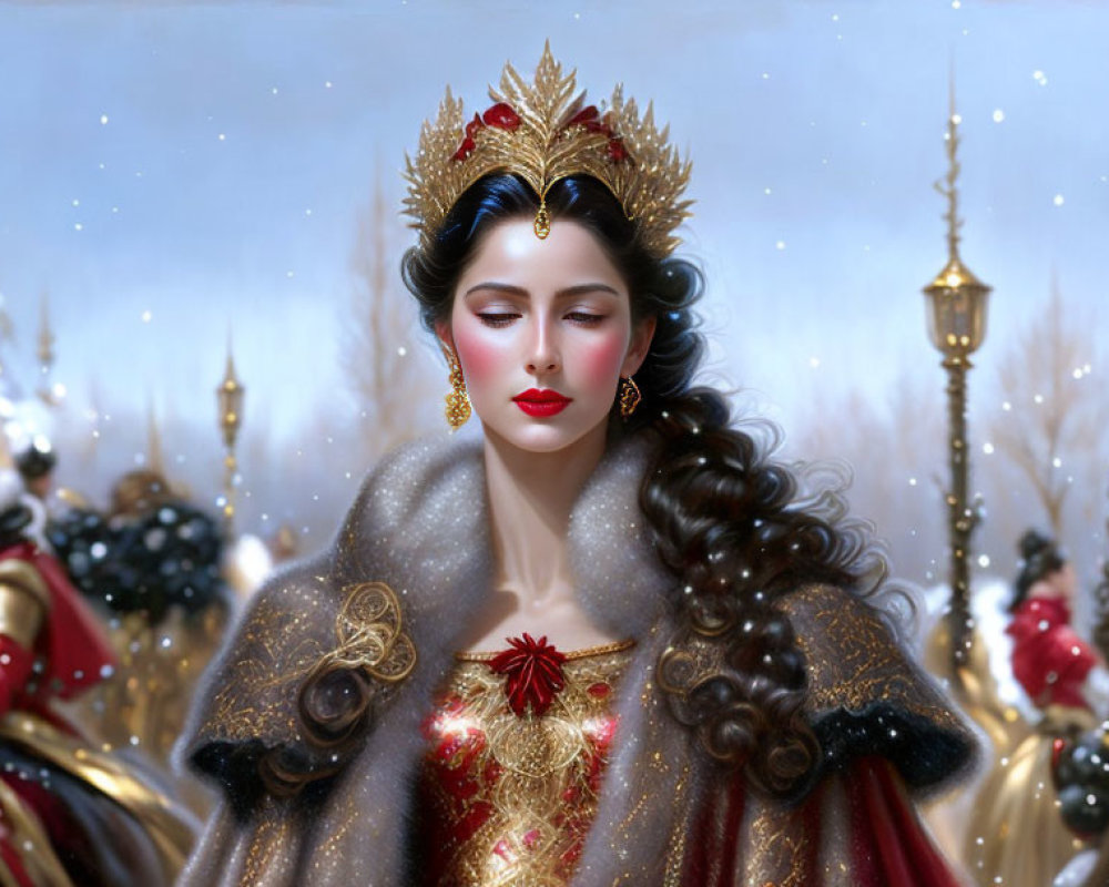 Regal woman with crown and guards in snowy landscape