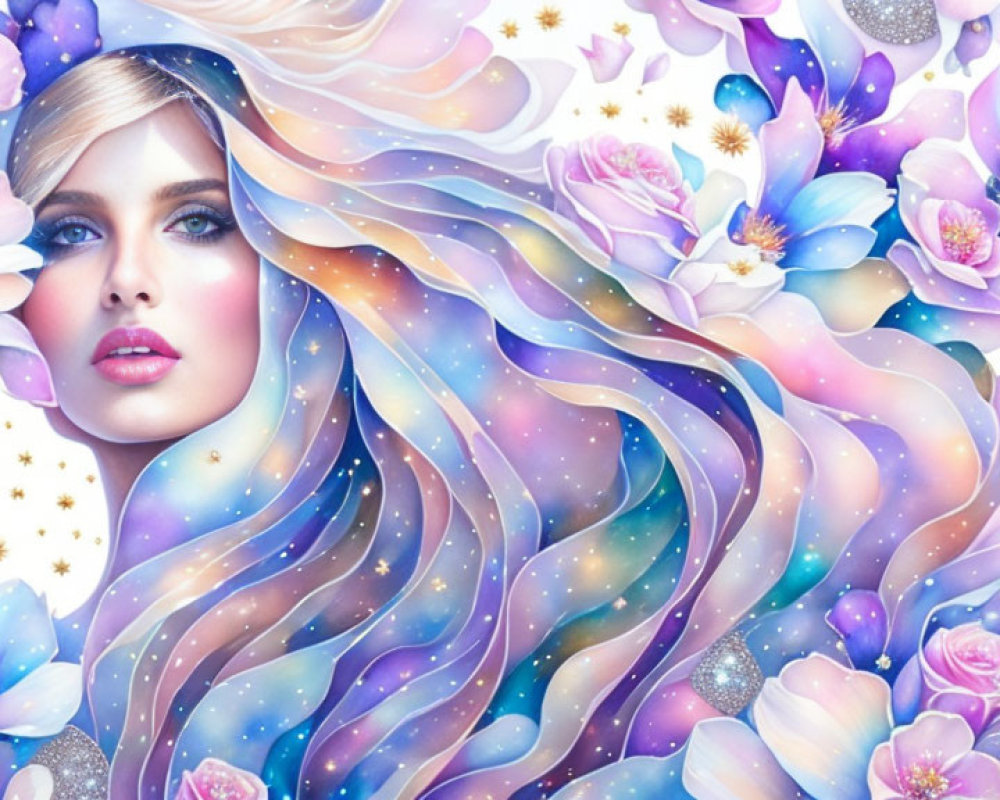 Digital illustration: Woman with galaxy hair, pink flowers, and stars