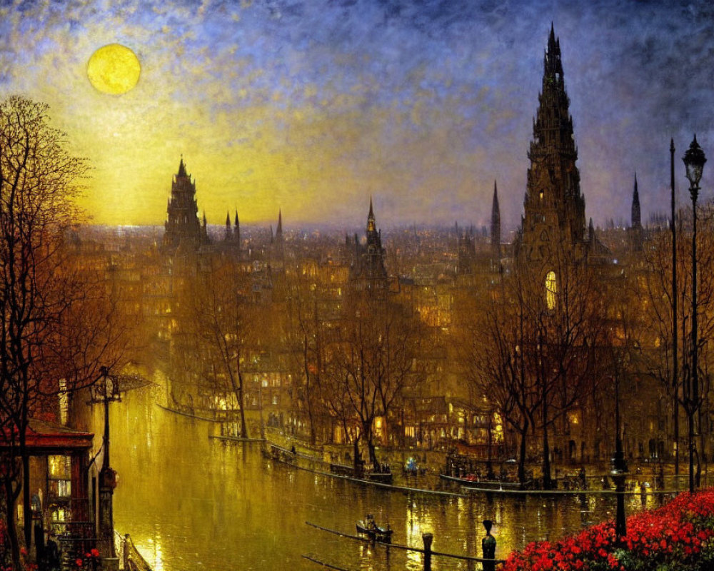 Historical city painting: glowing sun, river, boats, towers