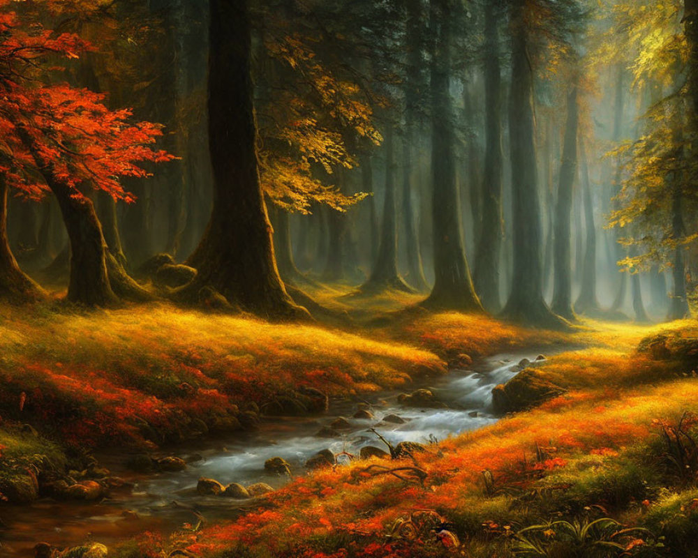 Autumn forest scene with babbling brook and vibrant foliage