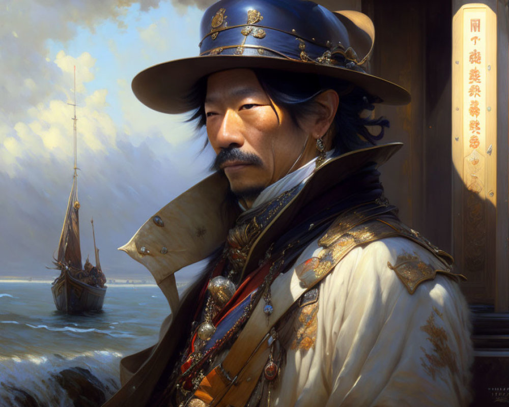 Asian man in decorative attire with ship and clouds.