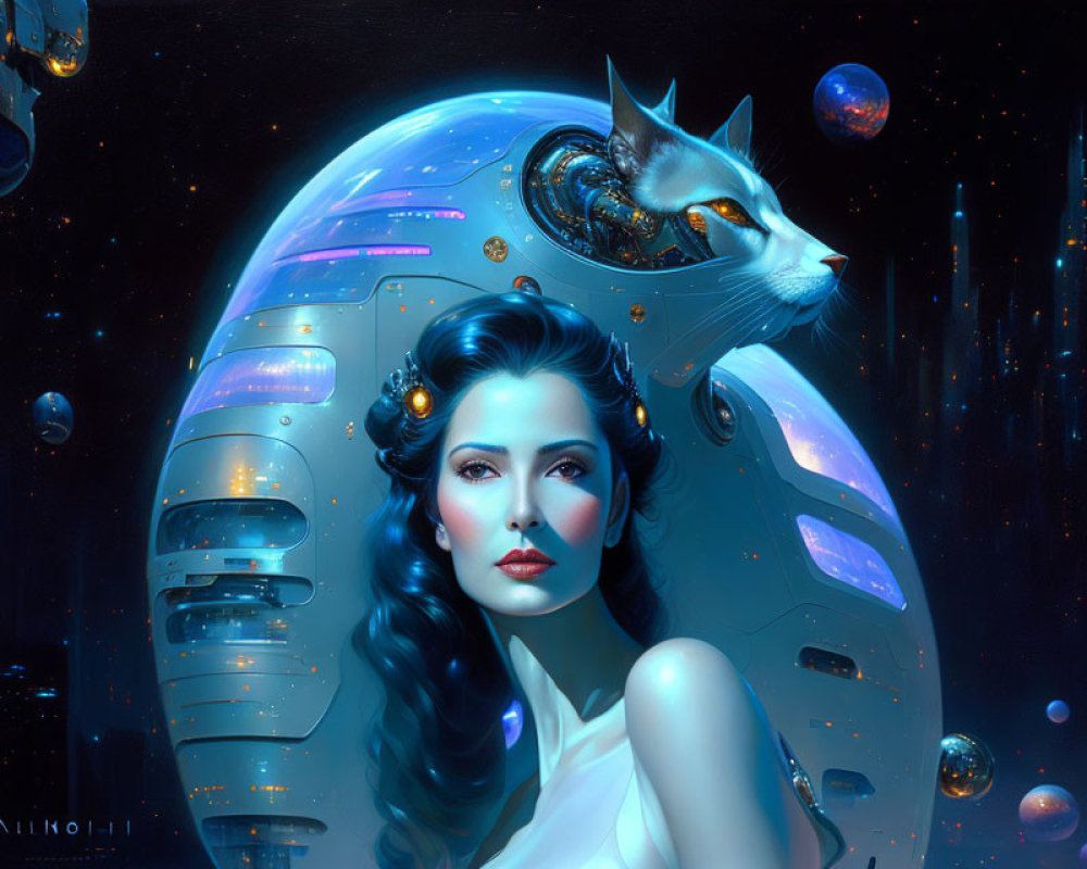 Stylized portrait of woman with cosmic background and cat's head merging with futuristic city-dome