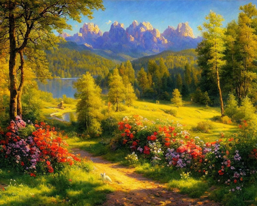 Colorful forest path painting with flowers, lake, mountains