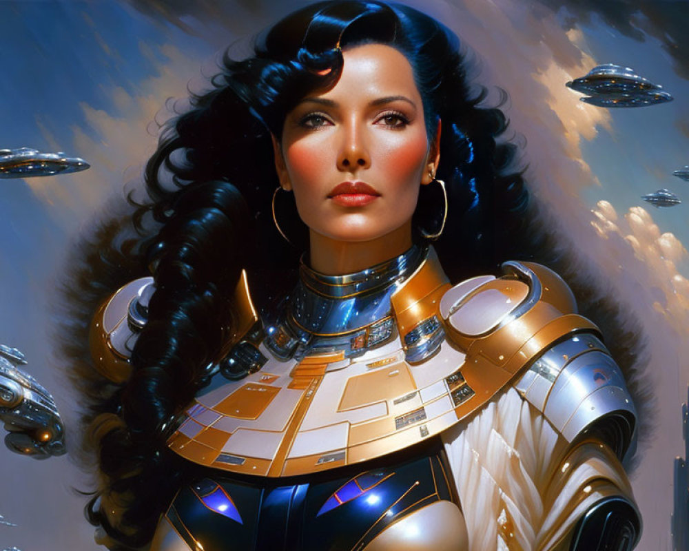 Dark-haired woman in futuristic armor with flying saucers in celestial sky