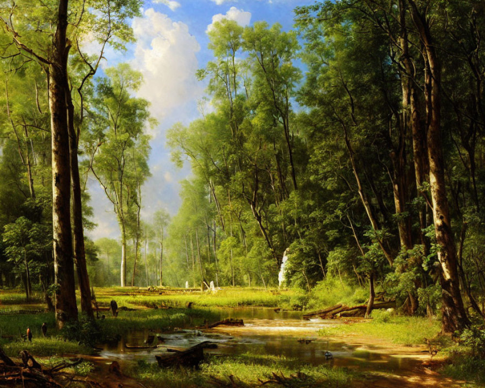 Tranquil forest landscape with tall trees and reflective water.