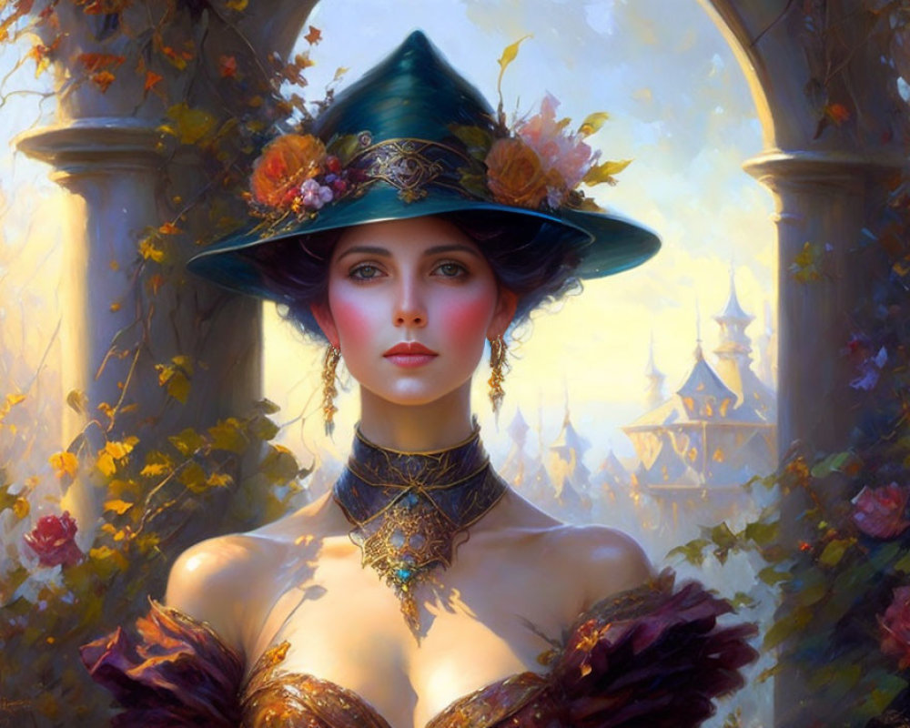 Woman portrait with floral hat in soft sunlight and castle backdrop