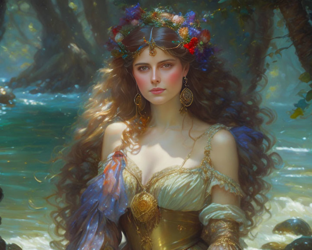 Mystical woman with floral crown in serene forest with butterfly