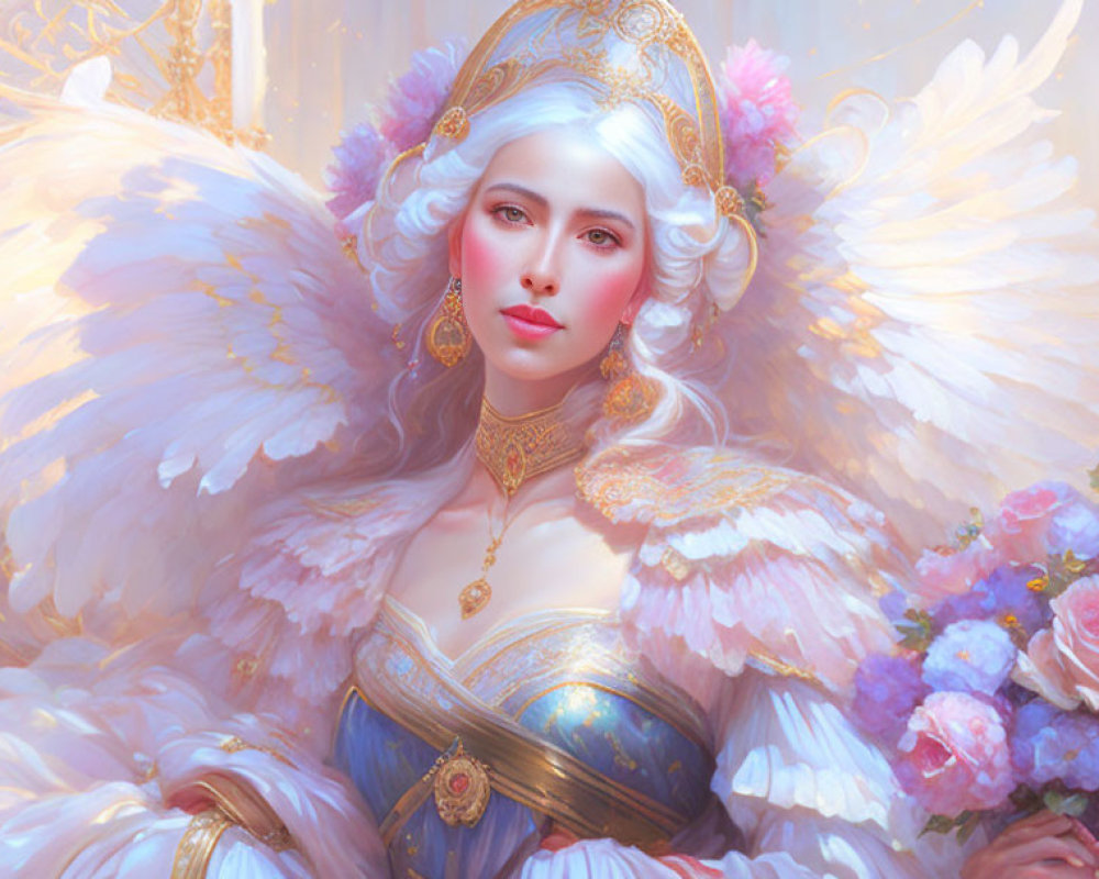 Ethereal woman with angelic wings in luxurious gown among pink flowers.
