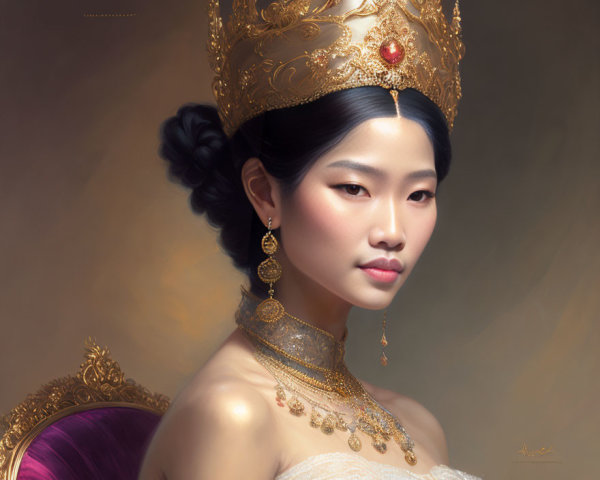 Regal portrait of woman with ornate crown and gold jewelry