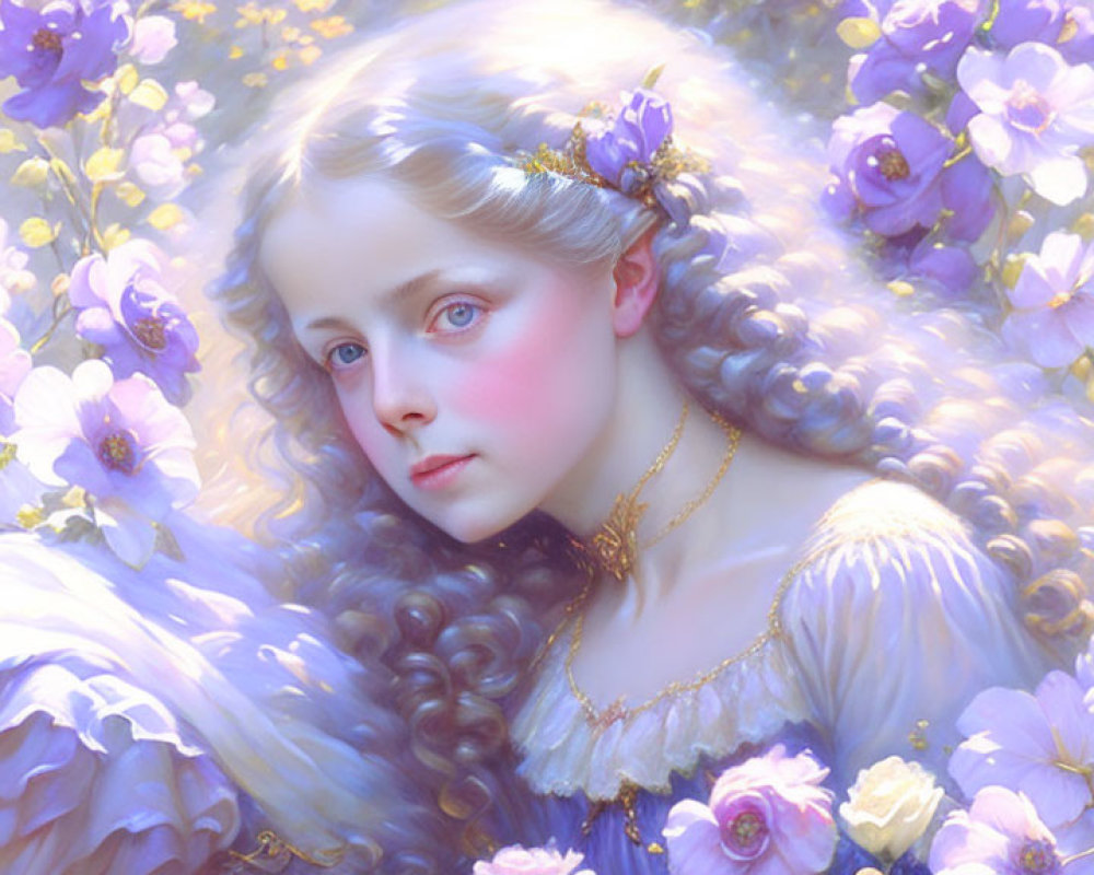 Fantasy illustration of young woman with long, wavy hair in radiant floral backdrop