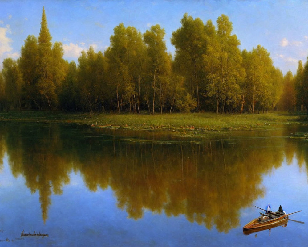 Tranquil river scene with reflections, person rowing boat, and lily pads.