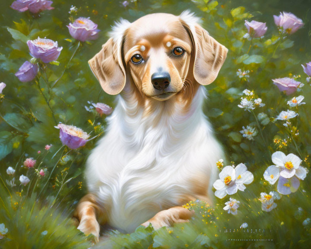 Golden-brown dachshund in colorful flower field with serene backdrop