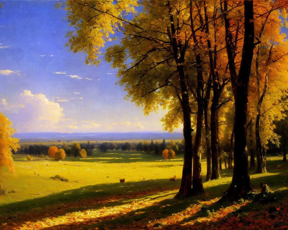 Golden Trees and Sunlit Field in Autumn Landscape