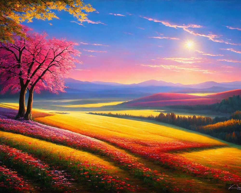 Colorful landscape with pink blossoming tree, flower fields, hills, and sunrise.