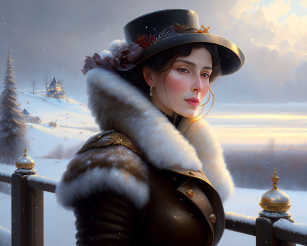 Vintage hat and fur coat woman on snowy balcony with sun rays