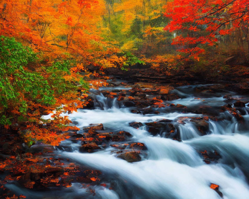 Autumn Leaves in Orange and Red Cascading Over Rushing Stream