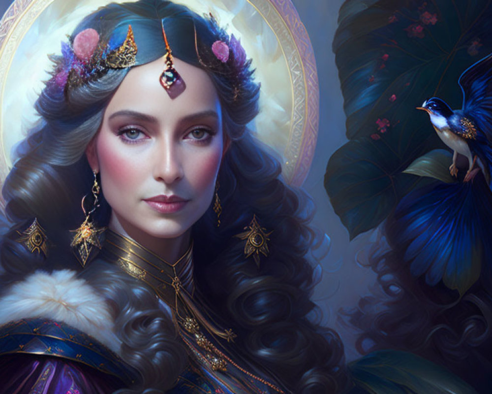 Regal woman with crown and jewelry beside blue bird on mystical background