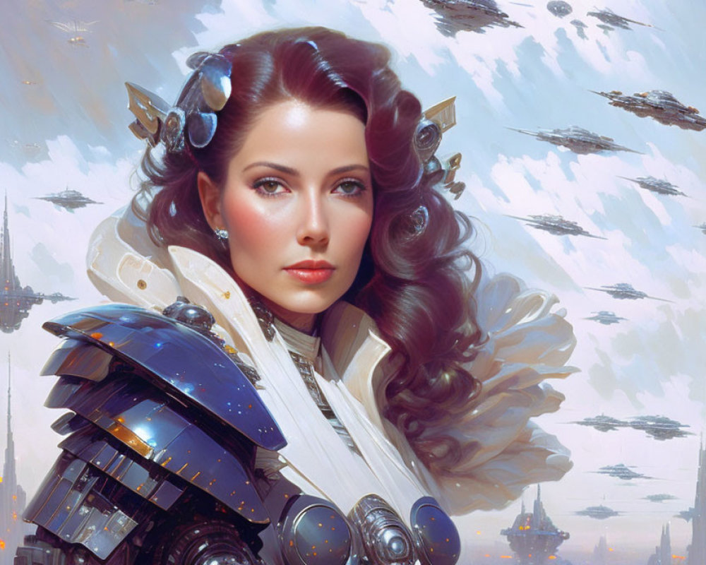 Futuristic portrait of woman in sci-fi armor with flowing hair and serene expression