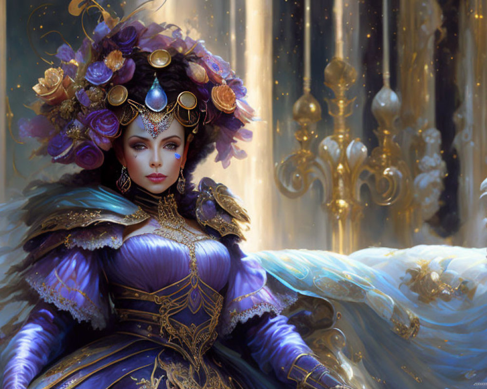 Noblewoman in Blue and Gold Gown with Floral Headdress