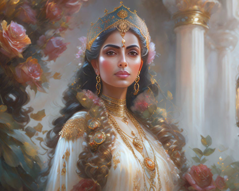 Regal woman with golden jewelry and headdress in rose garden.