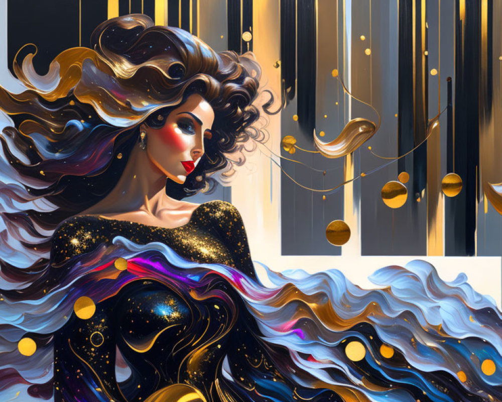 Stylized illustration of woman with galaxy-themed hair and starry dress on golden backdrop