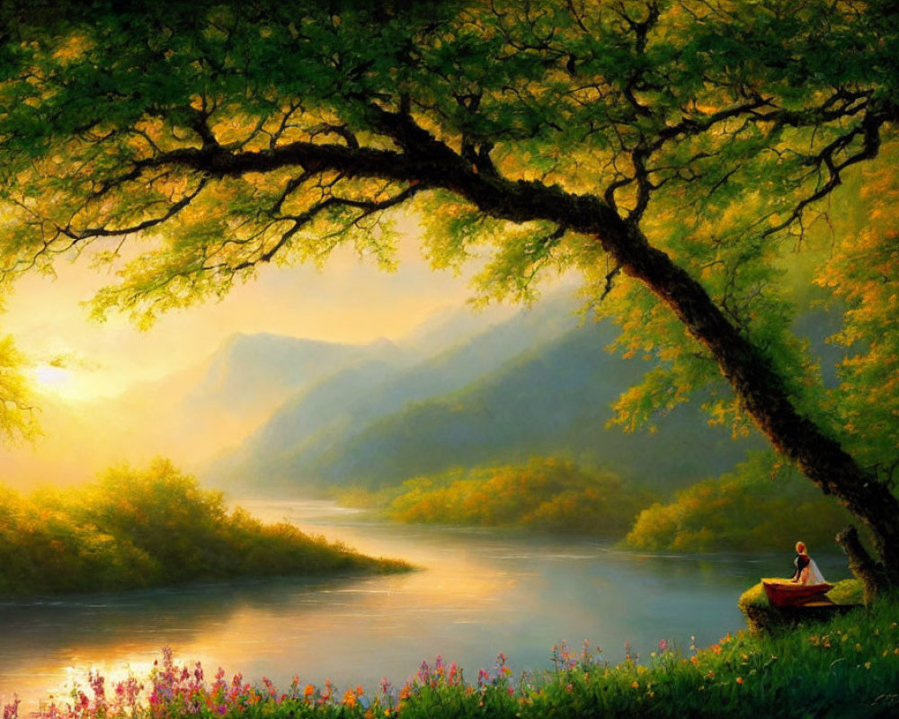 Tranquil landscape with person in boat by calm river at sunset