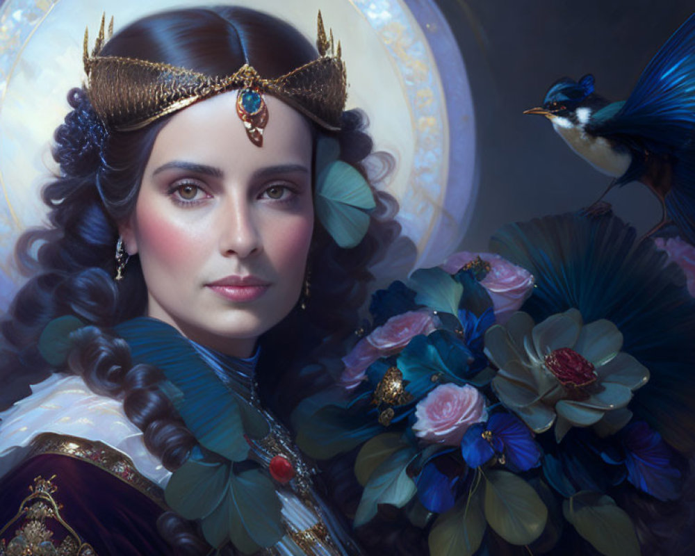 Regal woman with jeweled crown and blue bird in lush floral setting