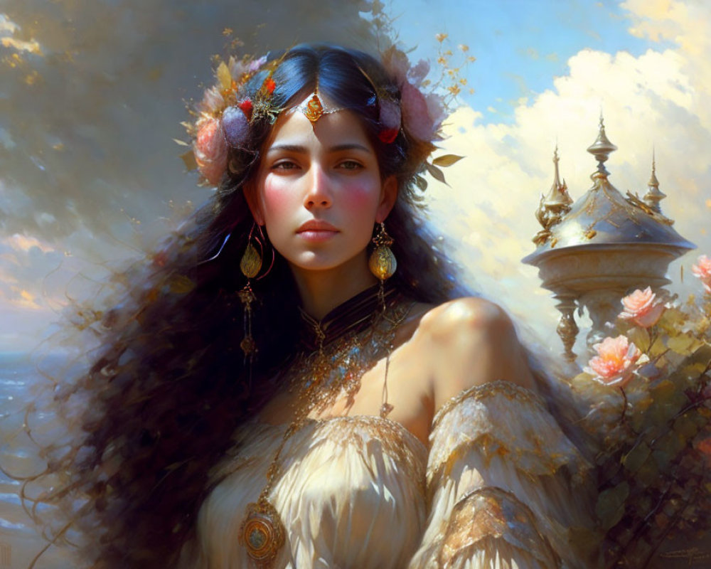 Ethereal woman with floral headpiece and gold jewelry on soft architectural backdrop