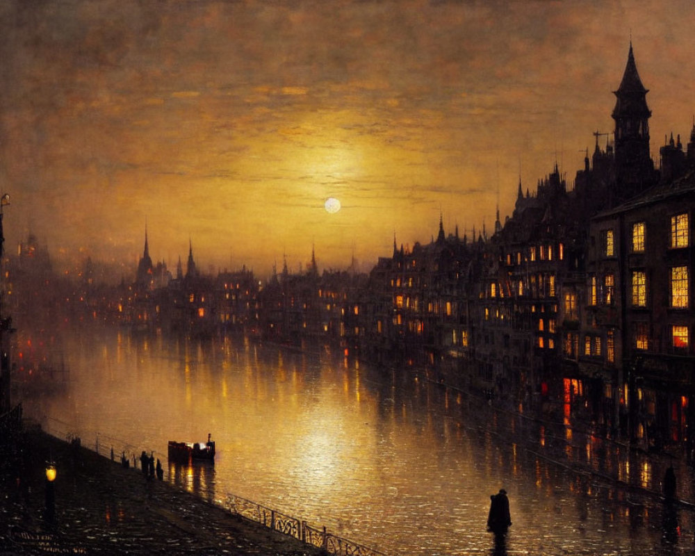 Old-time cityscape at night: buildings reflected in river under moonlight