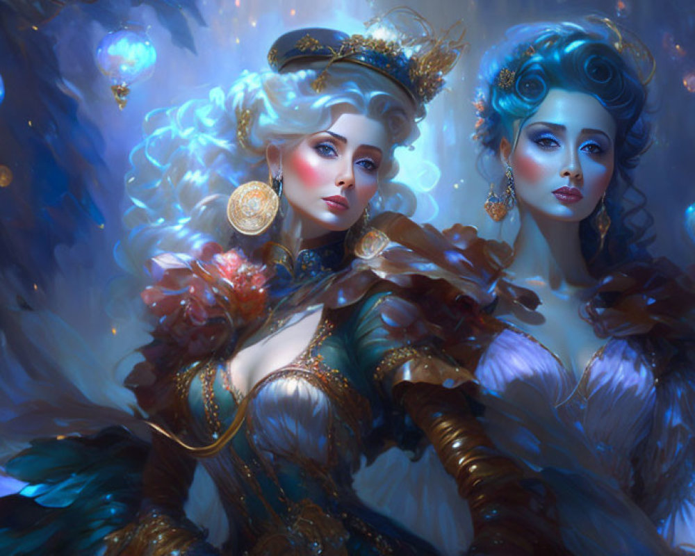 Regal women in luxurious attire with glowing orbs in dreamlike setting
