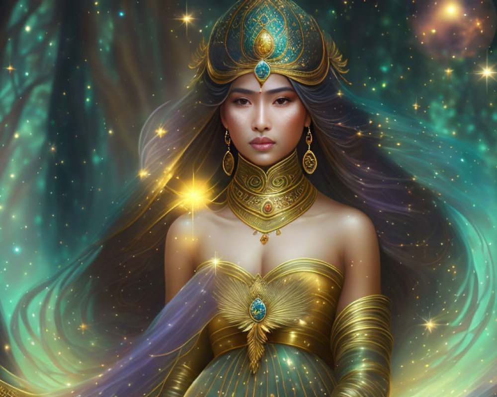 Mystical woman with golden headdress in enchanted forest