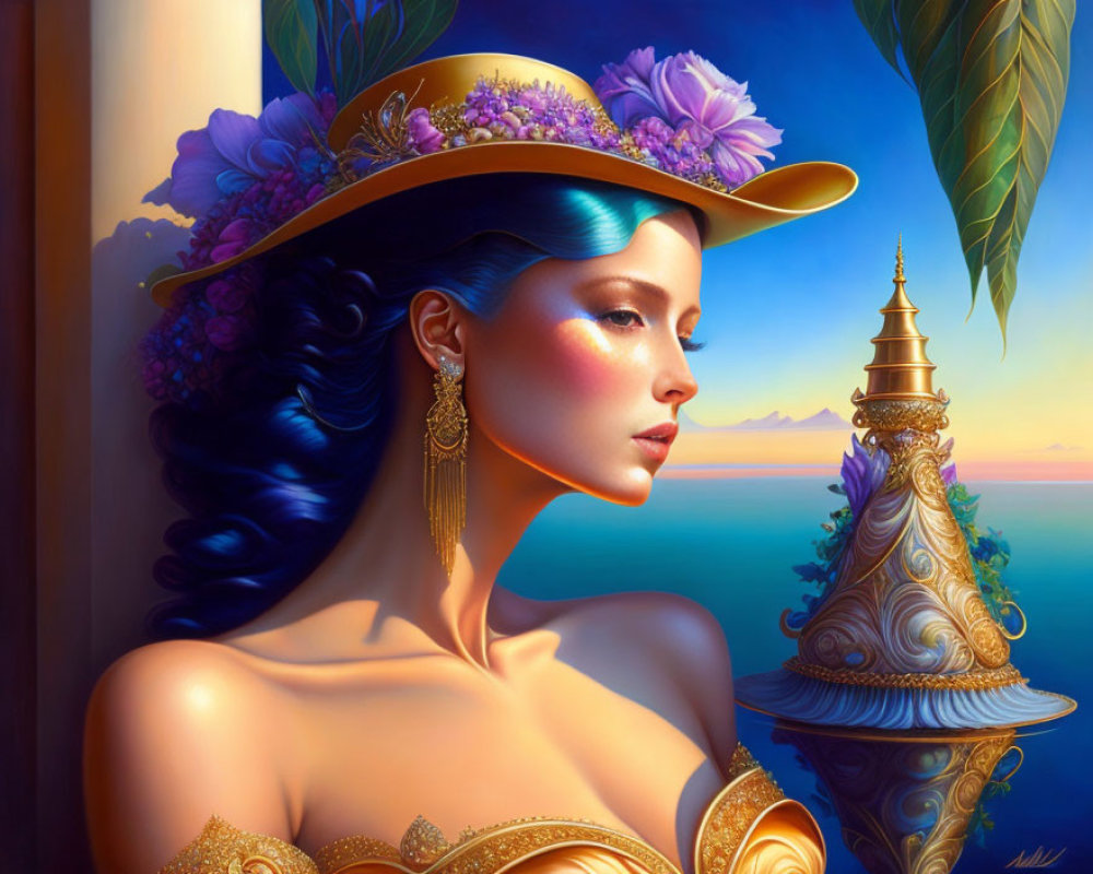 Fantasy-themed portrait of a woman with blue hair and golden attire