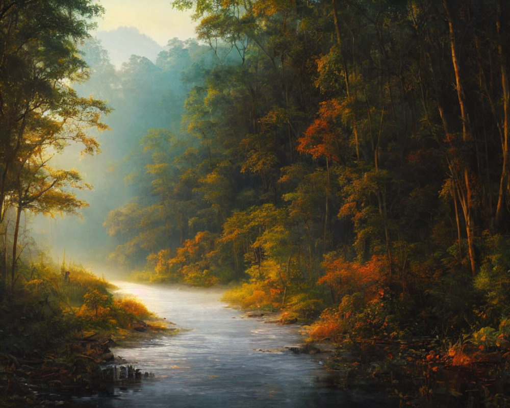 Tranquil river in misty forest with autumn foliage