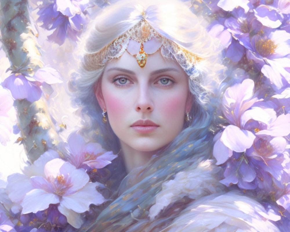 Serene woman with jeweled headpiece in fantasy setting