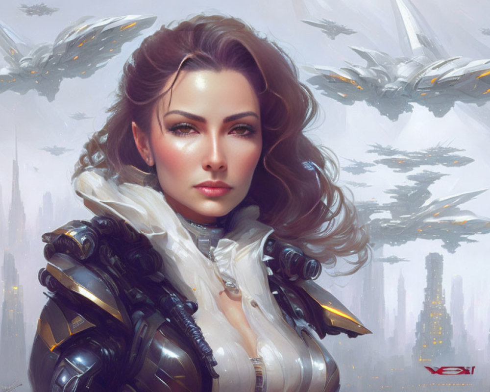 Futuristic digital painting of woman in armor with flowing hair