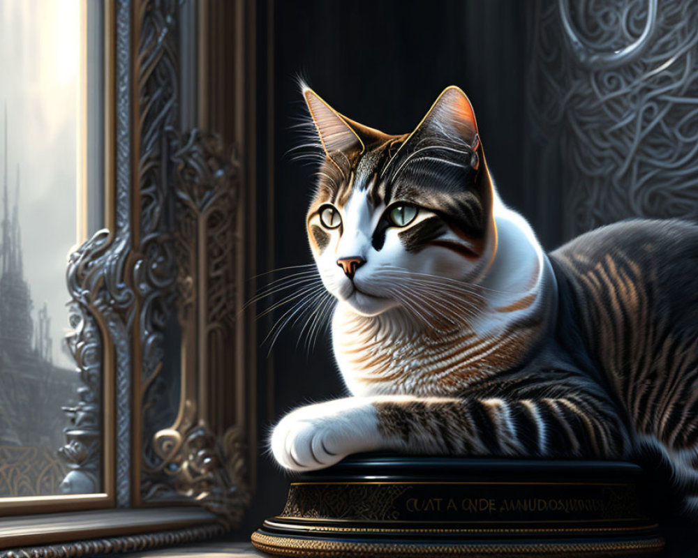 Realistic cat with striped fur beside ornate mirror in classical room