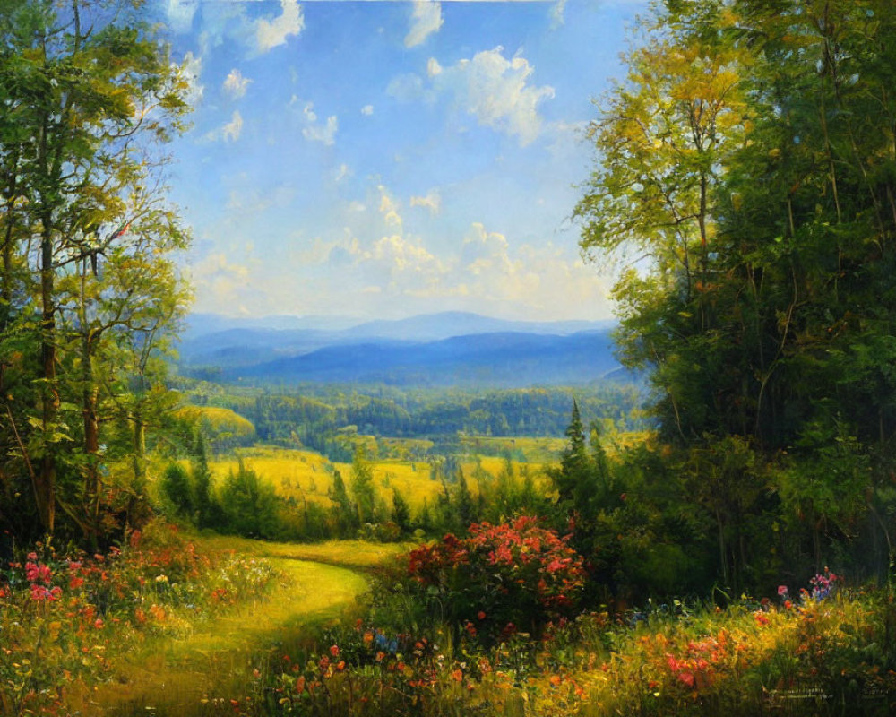 Lush Green Field with Trees, Blue Sky, and Wildflowers