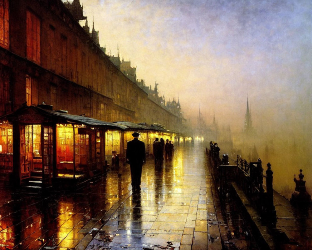 Rainy Twilight Street Scene with Glowing Lamps & Silhouetted Figures